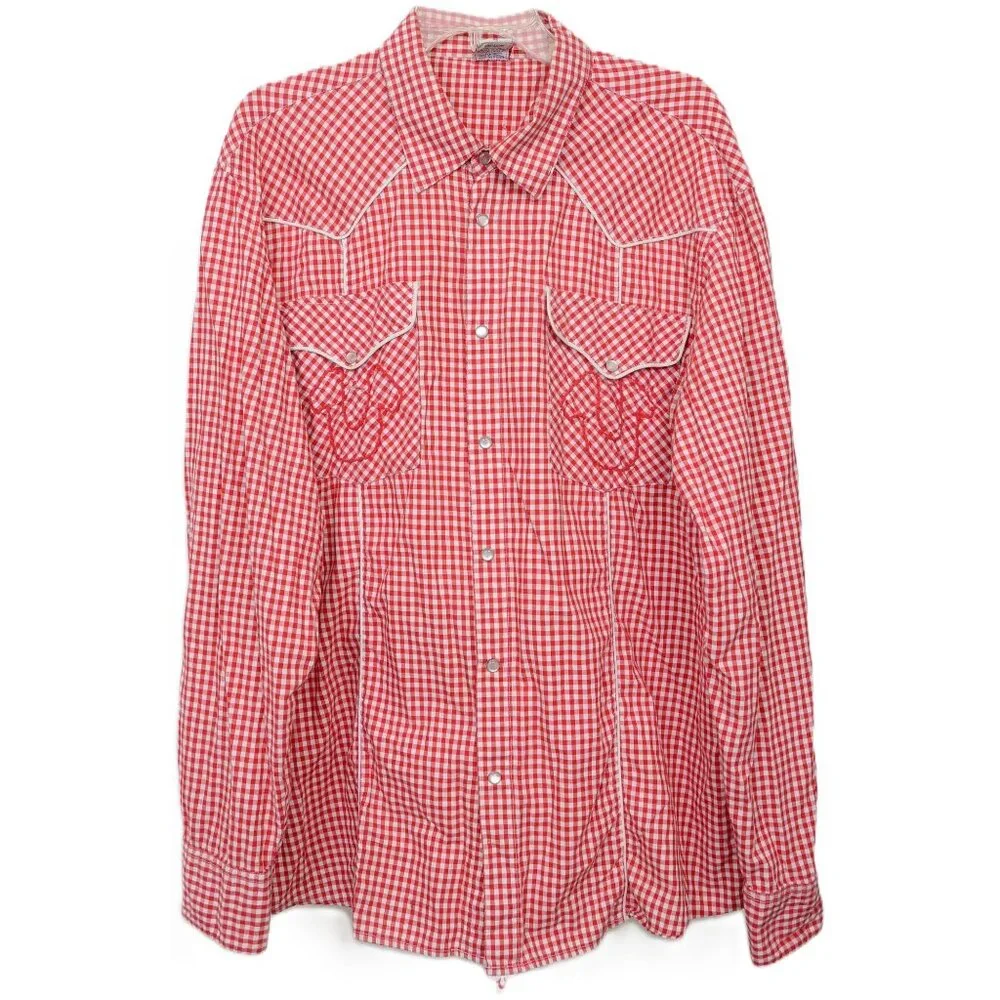 True Religion Men's 42 Vintage-Style Red White Gingham Western Pearl Snap Shirt